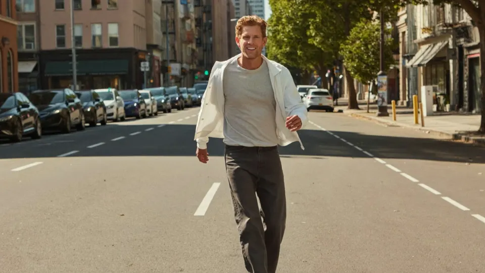 An AI-generated adult man in a white jacket walking towards the camera on a sunny avenue